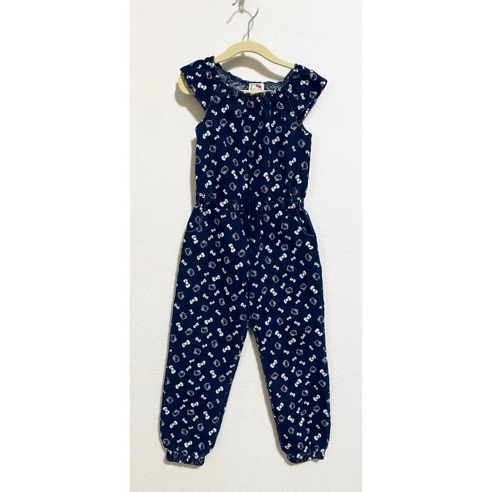 Hello Kitty Jumpsuit Girls 4 Denim Bow Print Short Sleeve Drawstring Waist